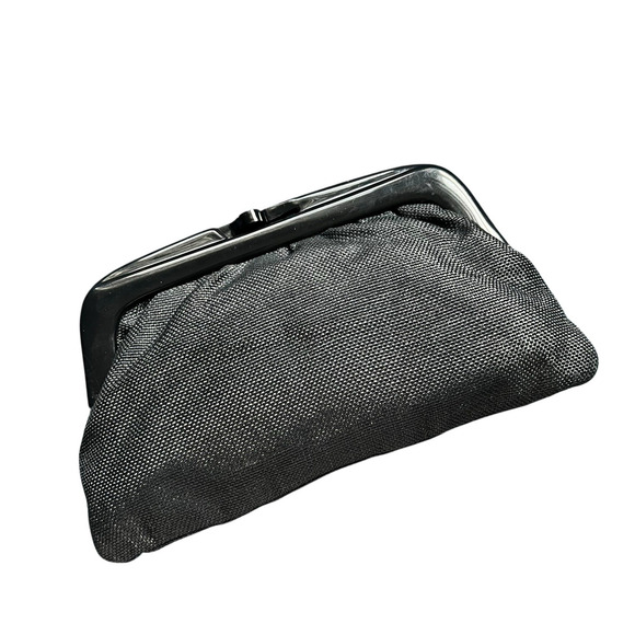 Vintage Black Woven Fabric Clutch Purse with Kiss Lock Closure Made in Italy - Picture 1 of 10